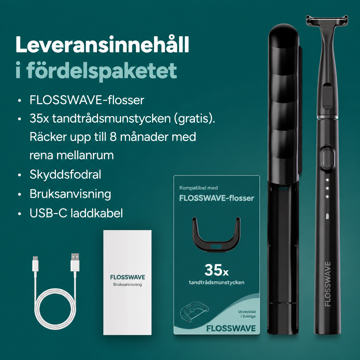 FlossWave - Elektriskt tandtrådsset med fördelspaket inklusive 35 munstycken