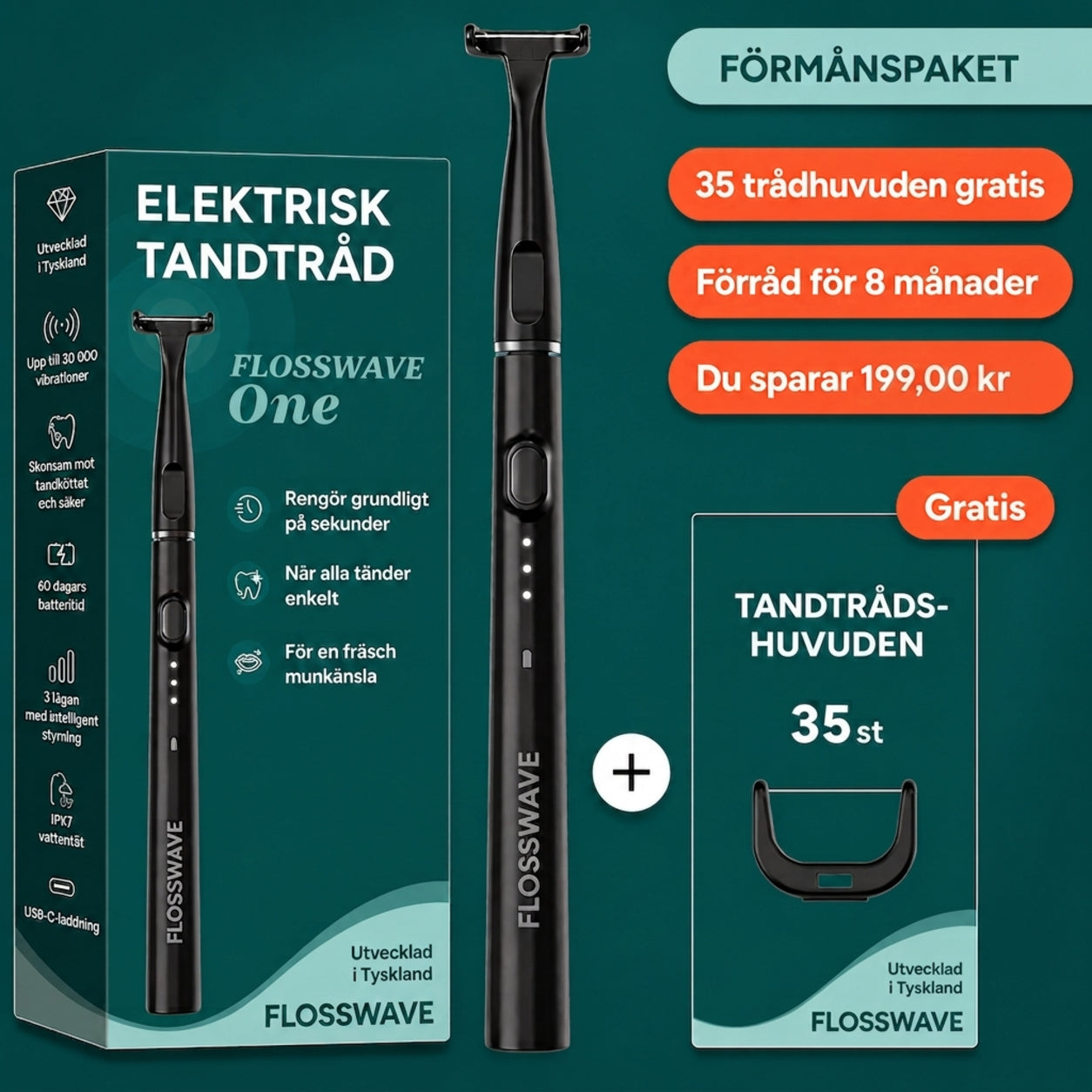 FlossWave - Elektriskt tandtrådsset med fördelspaket inklusive 35 munstycken